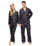 Matching pajama set for couples with colorful Christmas string lights print, button-down tops and comfortable long pants for holiday nights.