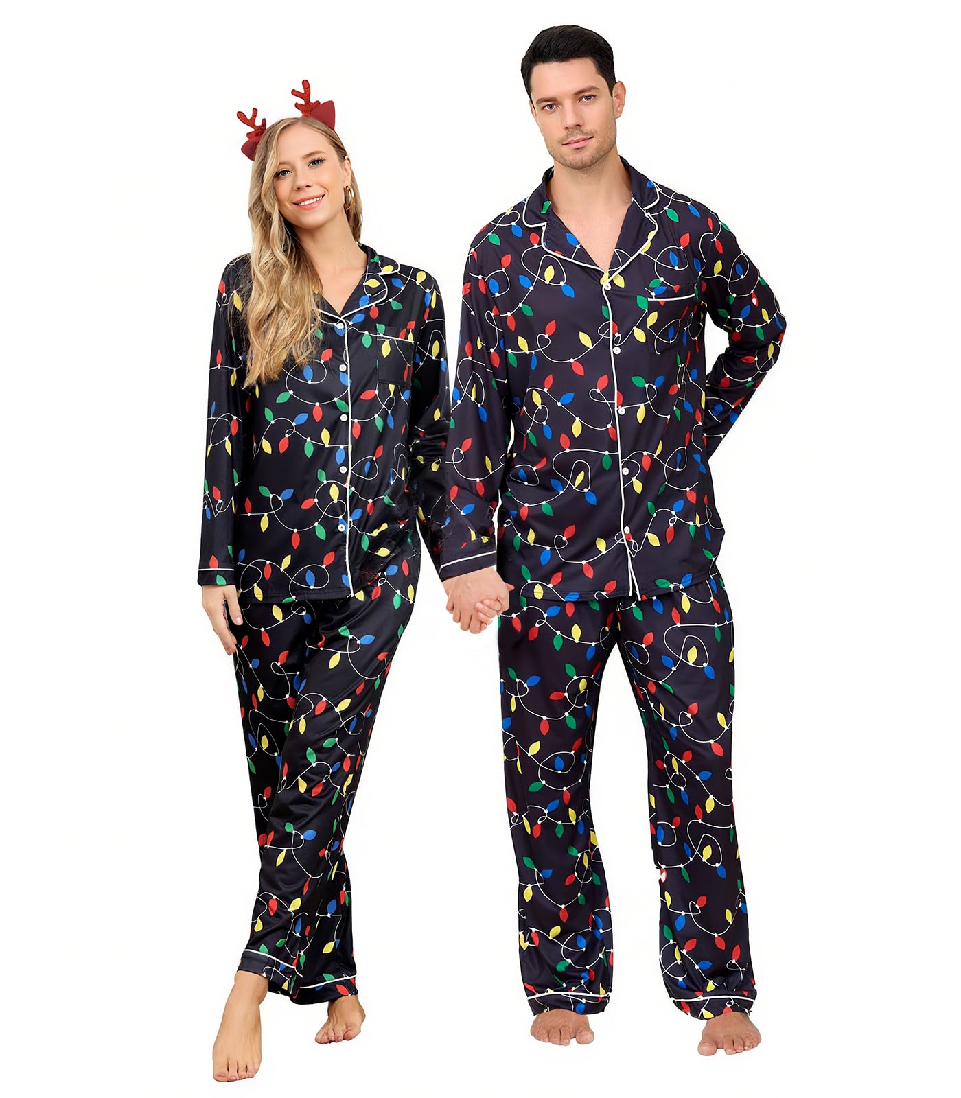 Matching pajama set for couples with colorful Christmas string lights print, button-down tops and comfortable long pants for holiday nights.
