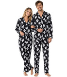 Ghost print matching pajama set for couples featuring playful Halloween graphics, long sleeve tops and relaxed lounge pants.