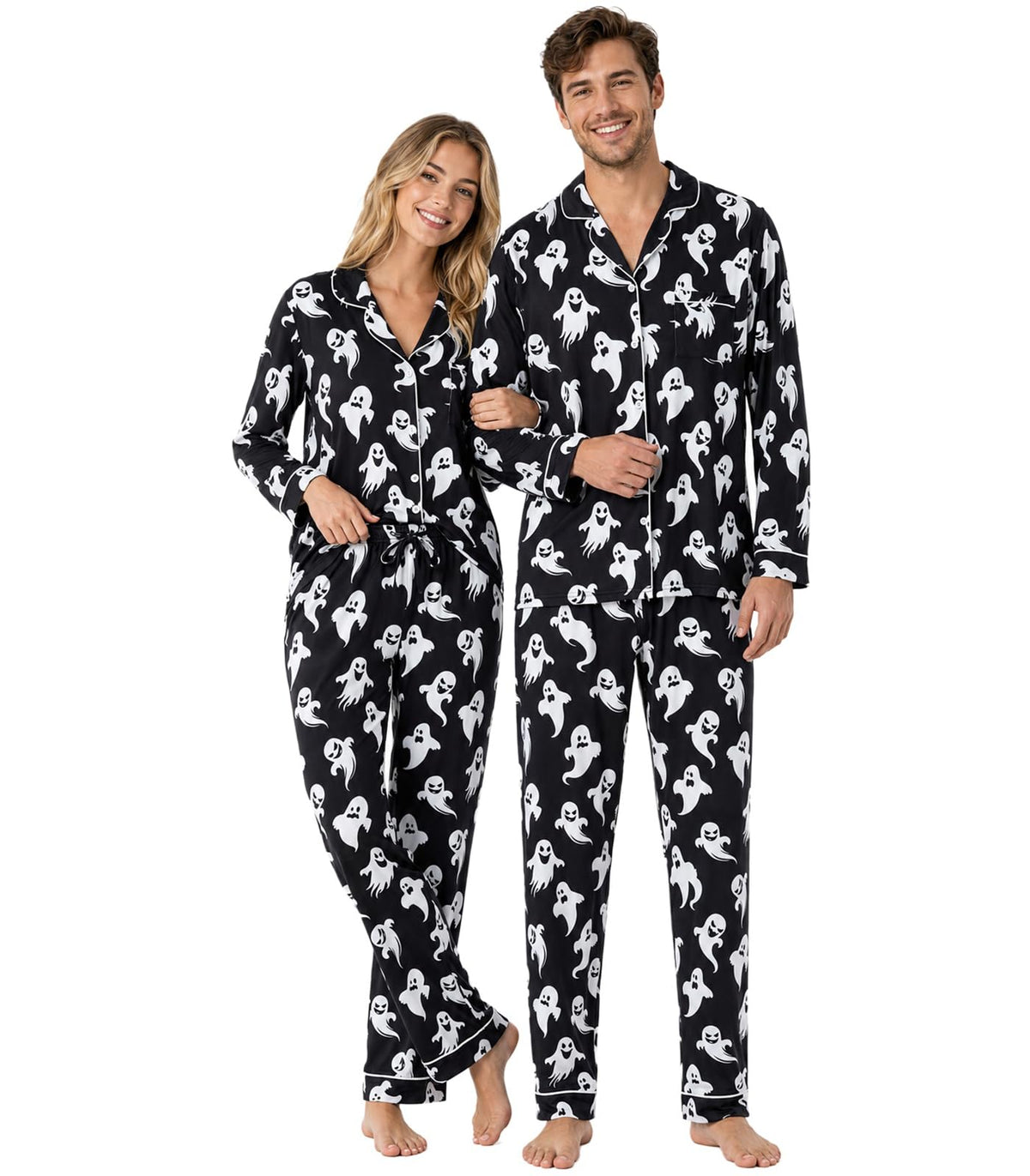 Ghost print matching pajama set for couples featuring playful Halloween graphics, long sleeve tops and relaxed lounge pants.