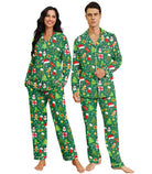 Green matching pajama set for couples featuring button-down shirts, long pants and soft stretch fabric for holiday and everyday lounging.