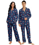 Navy matching pajama set for women and men with classic button-down tops and relaxed long pants for comfortable sleep and home wear.