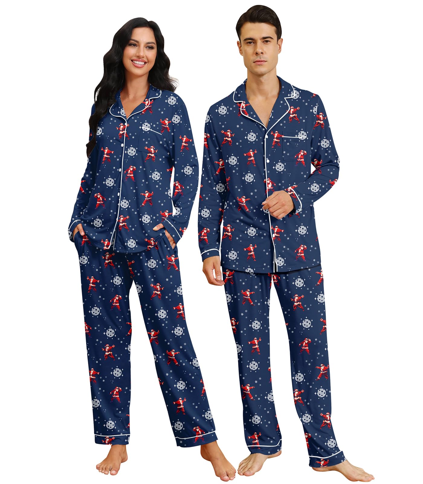 Navy matching pajama set for women and men with classic button-down tops and relaxed long pants for comfortable sleep and home wear.