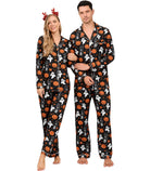 Pumpkin print matching pajama set for couples with festive Halloween graphics and relaxed two-piece design for cozy fall nights.