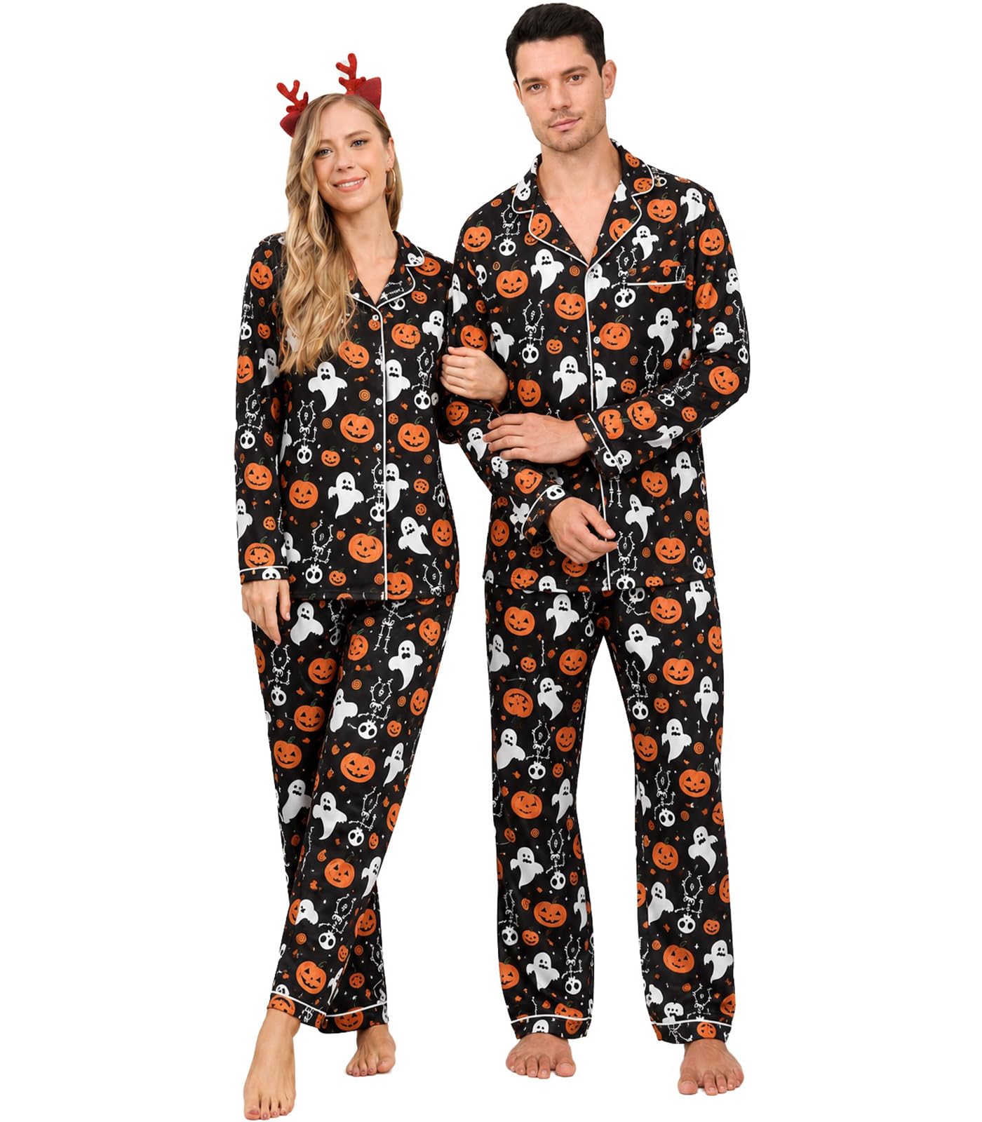 Pumpkin print matching pajama set for couples with festive Halloween graphics and relaxed two-piece design for cozy fall nights.