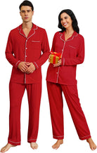 Red matching pajama set for women and men with button-down tops, long pants and comfortable relaxed fit for sleep and lounging.