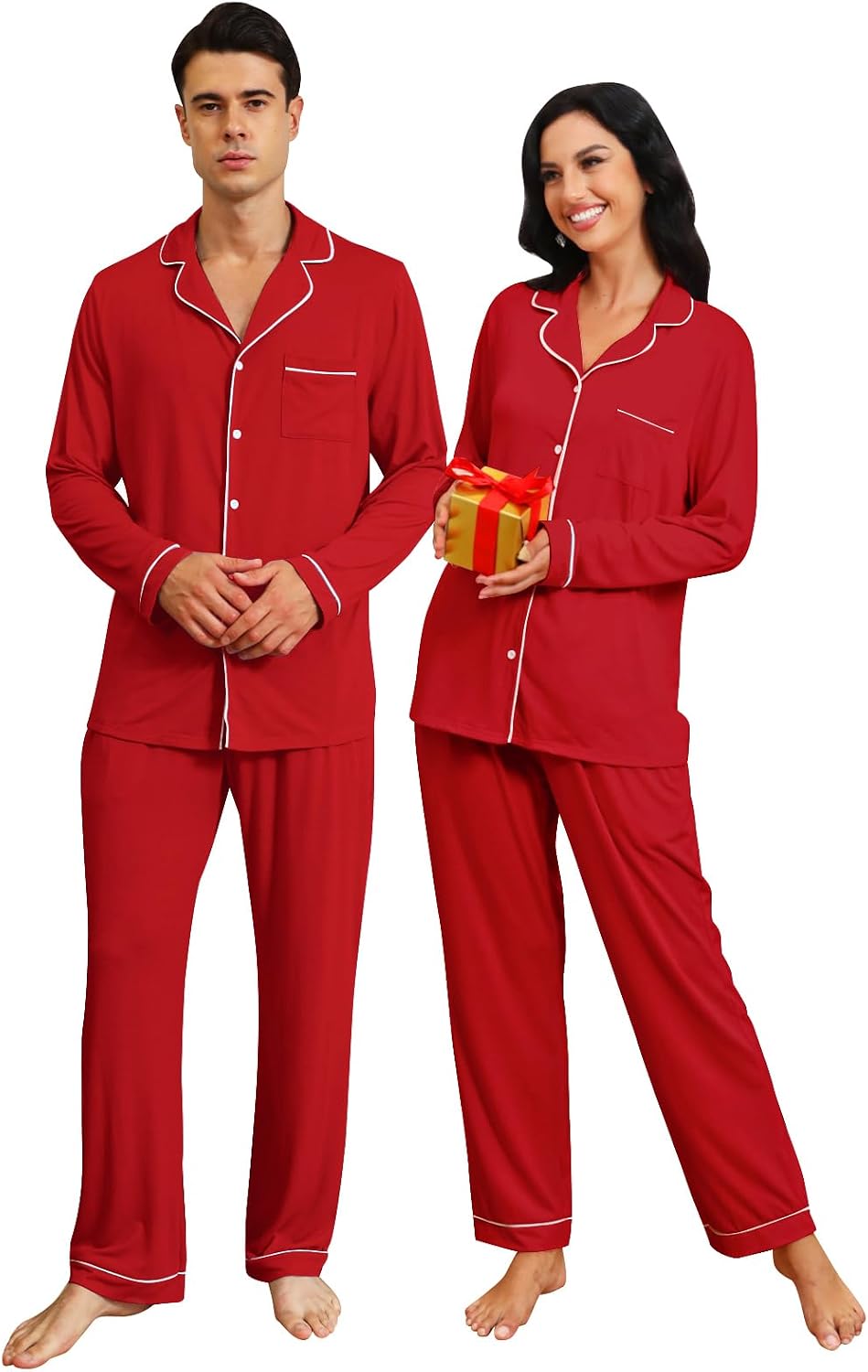 Red matching pajama set for women and men with button-down tops, long pants and comfortable relaxed fit for sleep and lounging.