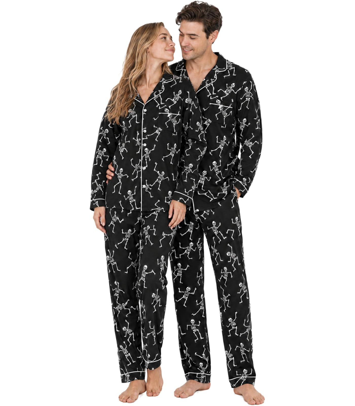 Skeleton Frame matching pajama set for women and men with spooky Halloween print, button-down tops and comfortable long pants.