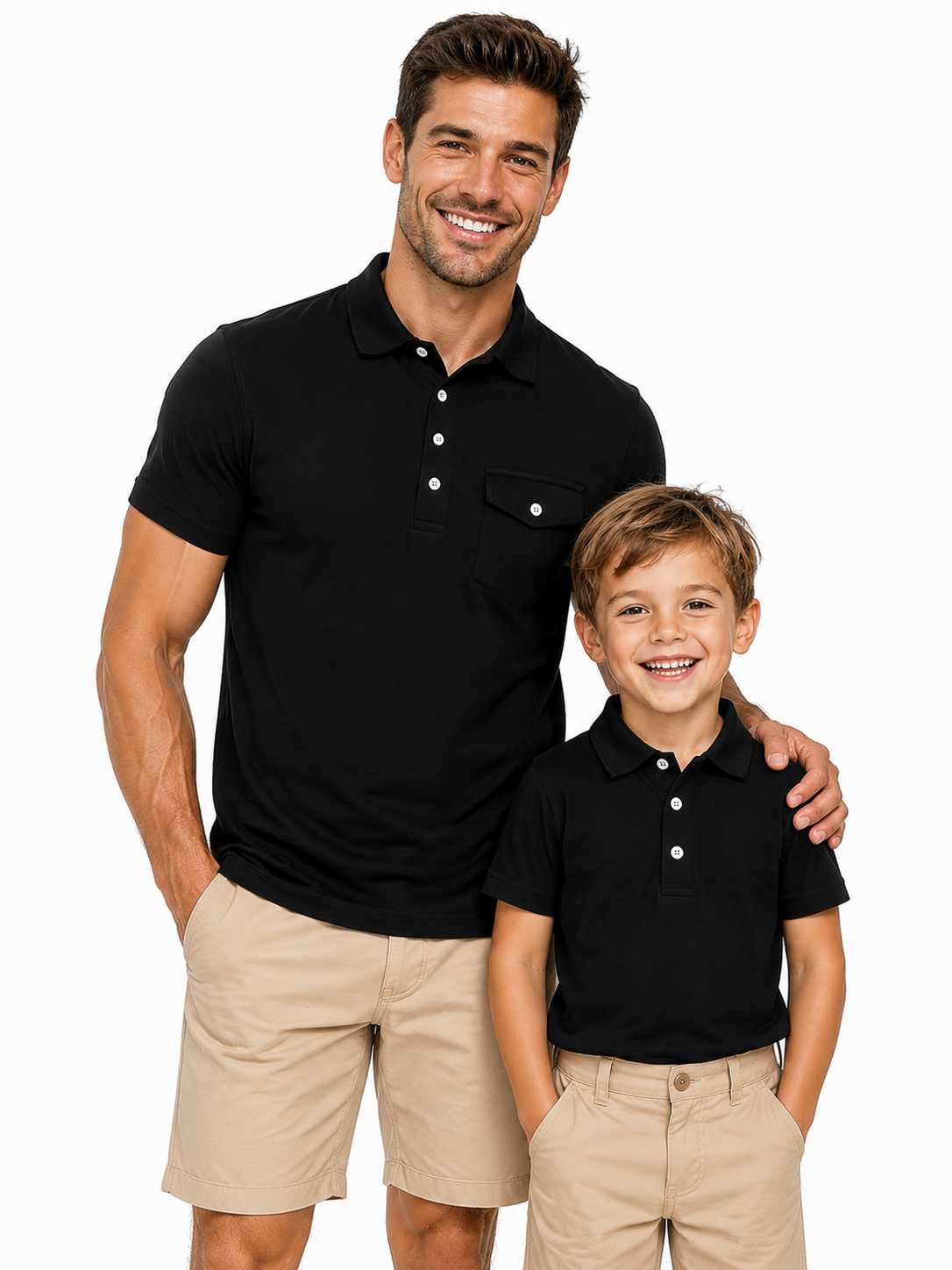 Father and son wearing matching black polo shirts, classic family outfit with comfortable stretch fabric for casual and golf occasions.