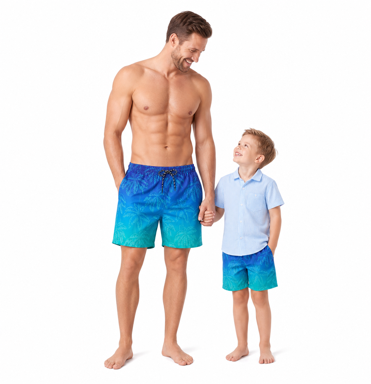 Father and son wearing matching swim trunks with quick dry fabric, perfect family beachwear for summer vacations and pool days.