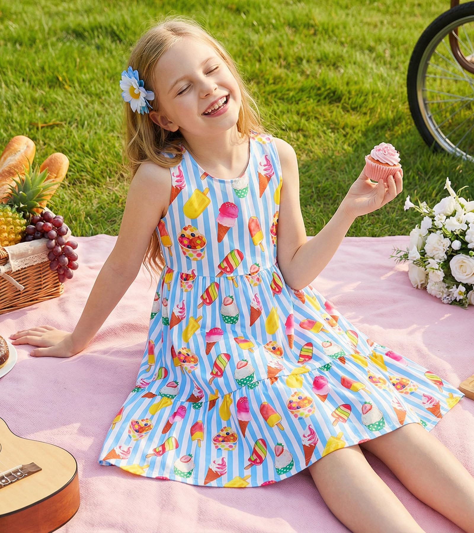 Girl wearing a blue ice cream print sundress outdoors, cute summer outfit for playtime, travel and holidays.