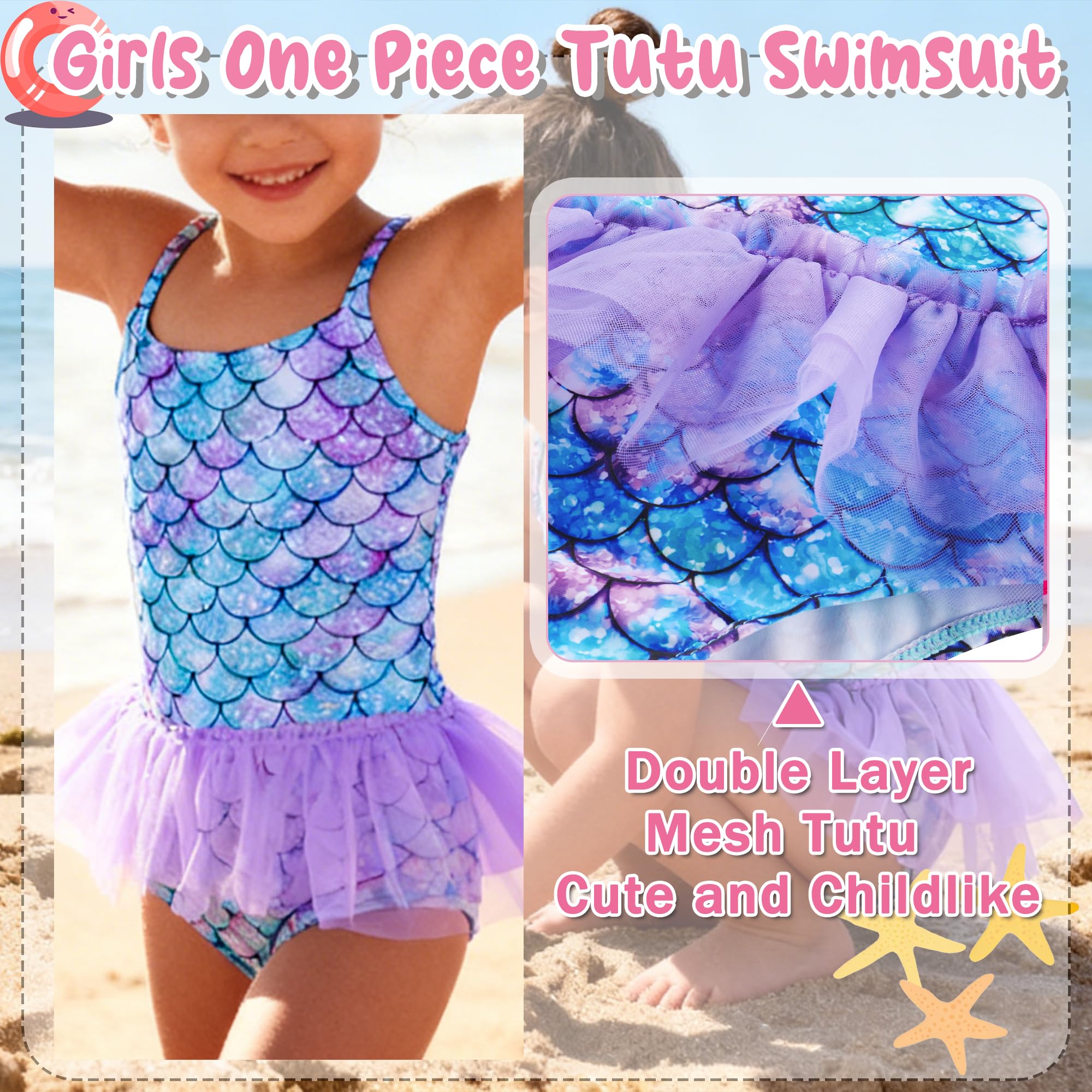 Young girl wearing mermaid tutu swimsuit during swimming activity, showing princess style design and comfortable kids swimwear fit.