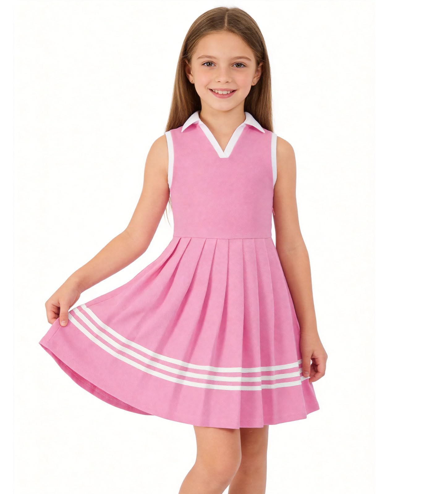 Girl wearing a pink polo dress with color block design, stylish kids outfit for school, parties and casual occasions.