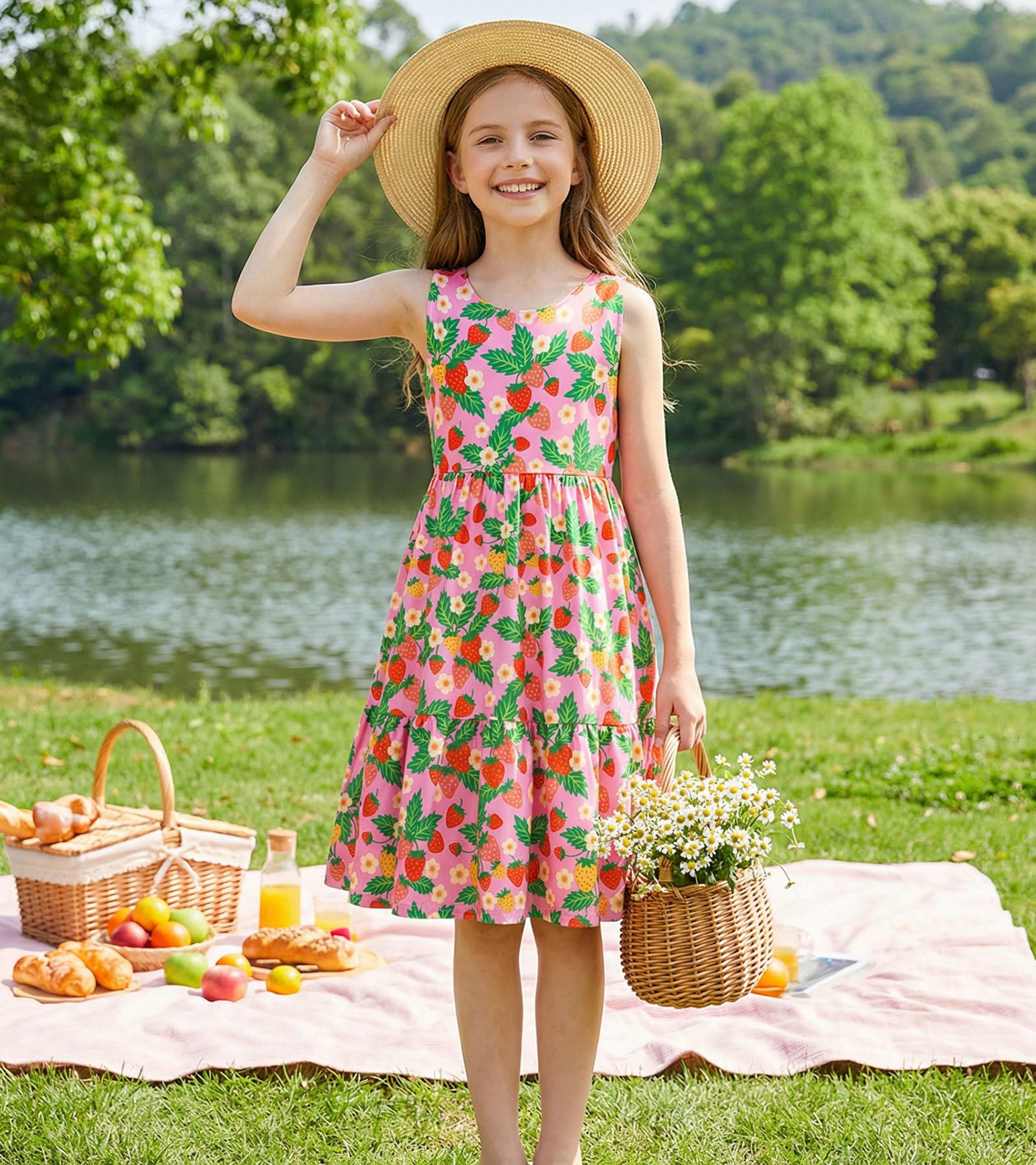 Girl wearing a pink strawberry rainbow strap sundress during outdoor activities, comfortable kids clothing for warm weather.