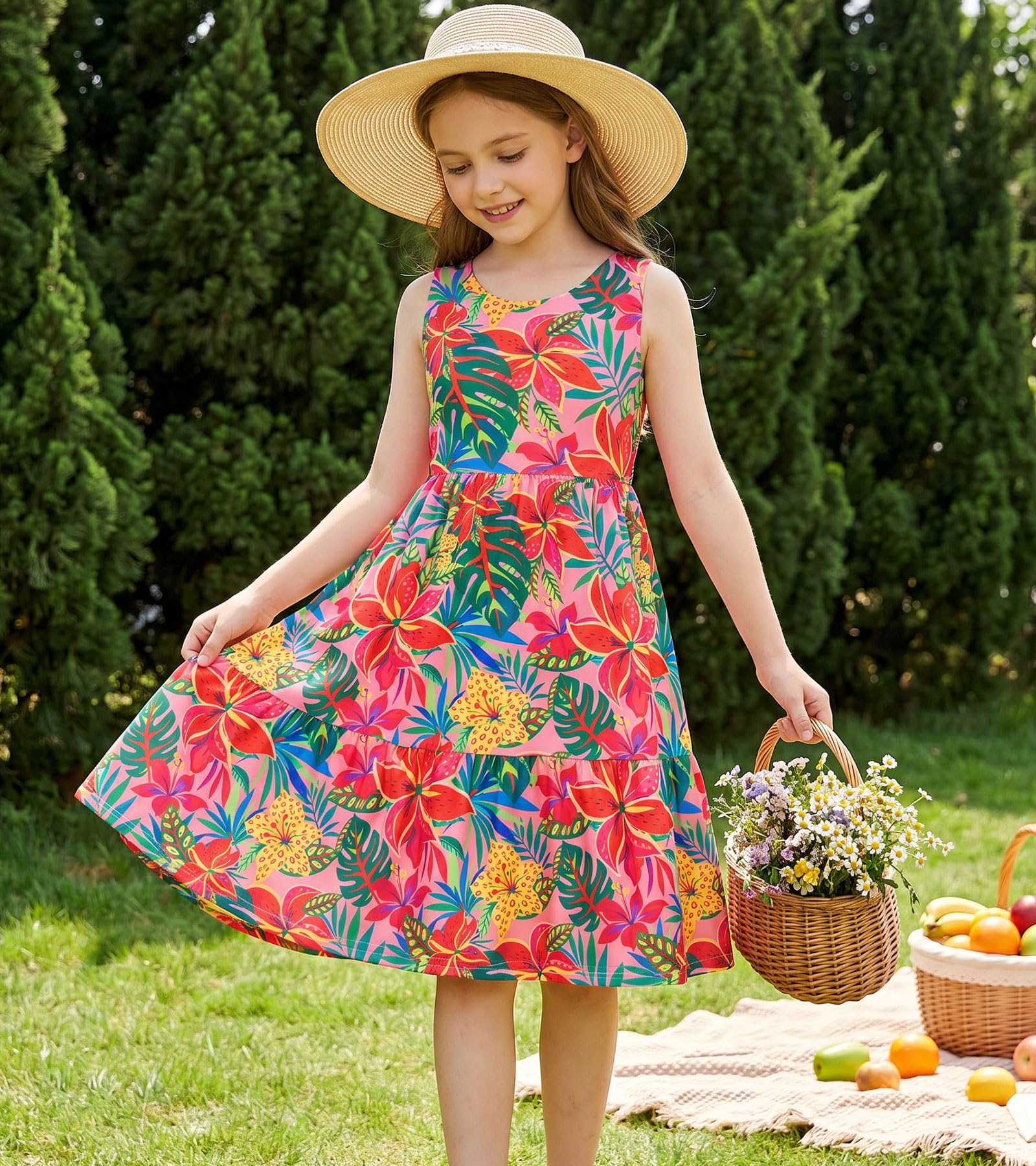 Girl wearing a red floral rainbow strap sundress during outdoor activities, perfect summer dress for vacations and parties.