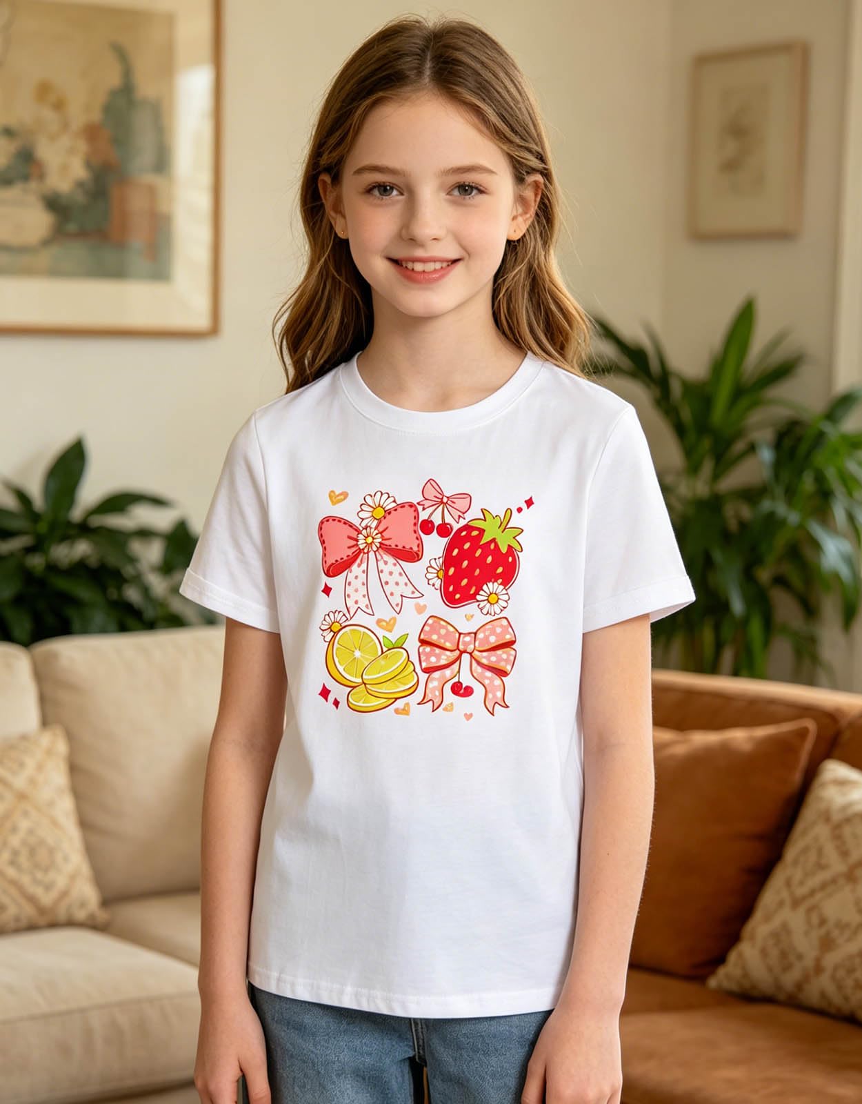 Girl wearing a white strawberry graphic T shirt with cute fruit and bow prints, comfortable casual outfit for everyday wear at home.