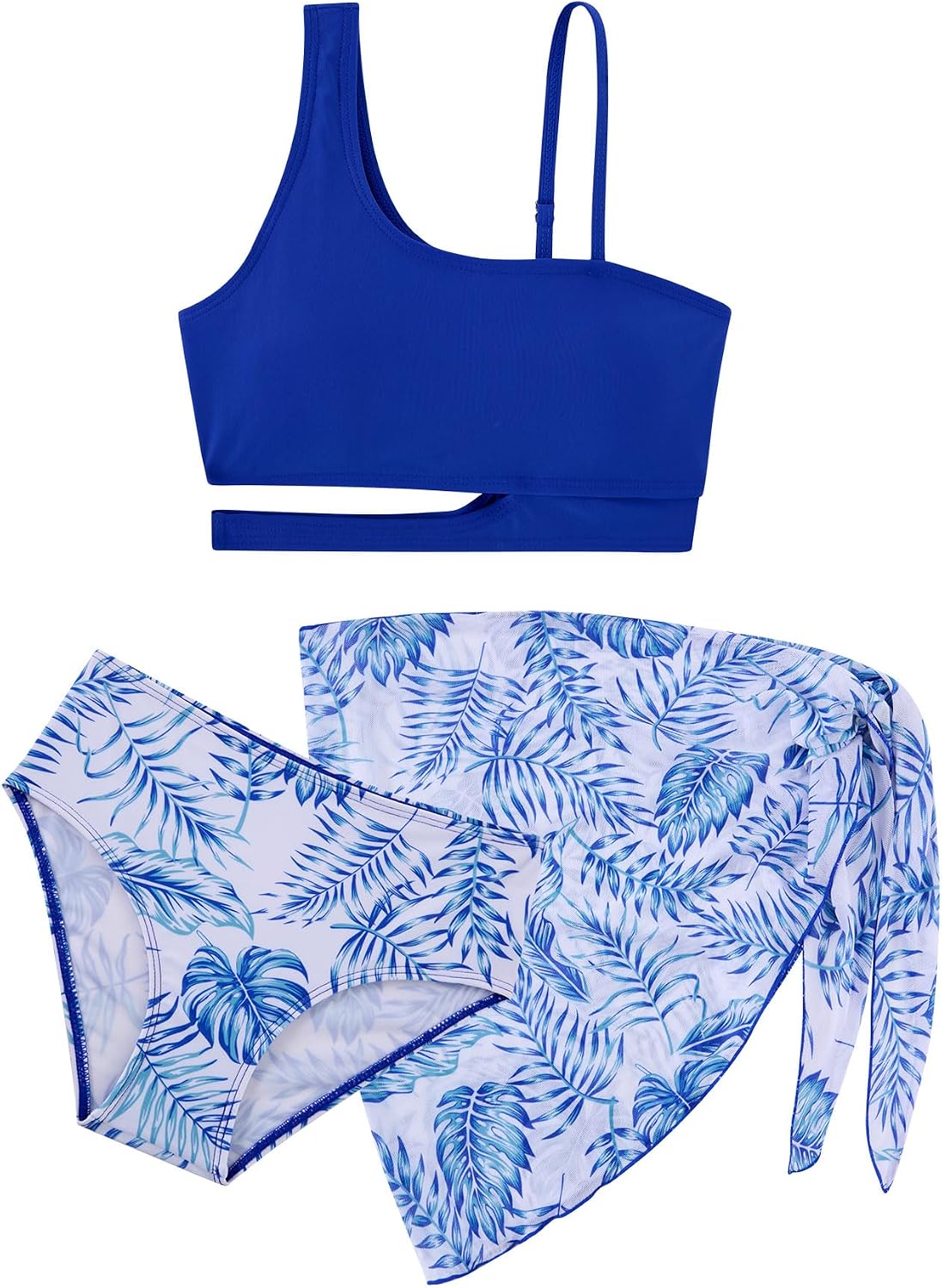 Girls blue palm print one-piece swimsuit with matching wrap skirt and sporty one-shoulder design.