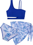 Girls blue palm print one-piece swimsuit with matching wrap skirt and sporty one-shoulder design.