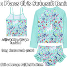 Girls three piece swimsuit showing rash guard top, adjustable tankini straps and ruffle shorts with colorful printed design.