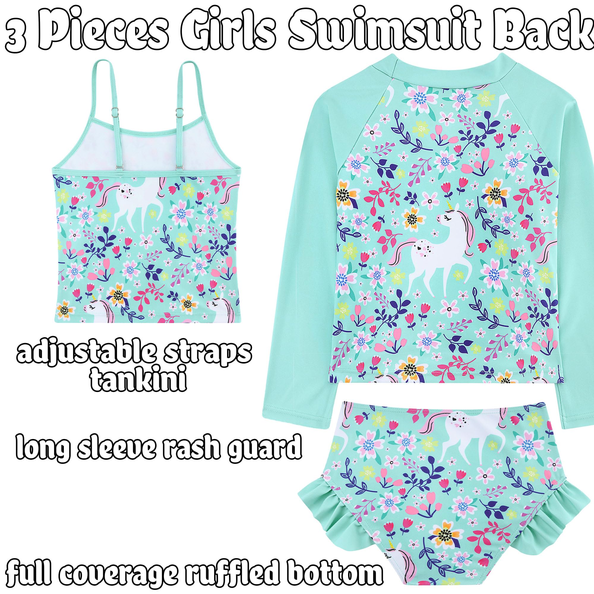 Girls three piece swimsuit showing rash guard top, adjustable tankini straps and ruffle shorts with colorful printed design.