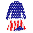Girls patriotic American flag print long sleeve rash guard swimsuit with skirt bottom, perfect kids swimwear for beach and pool days.