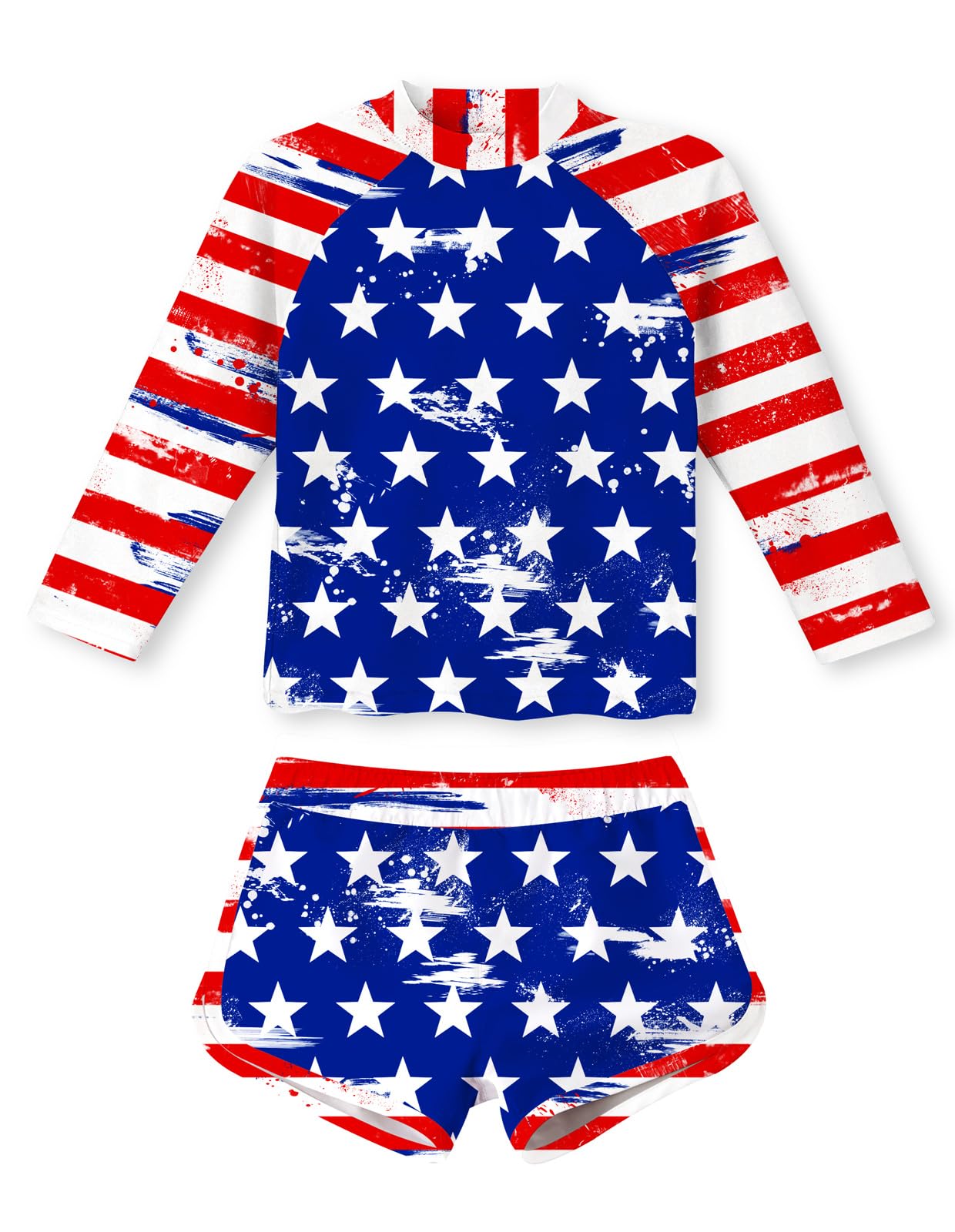 Girls American flag printed rash guard swimsuit set with long sleeves and matching shorts, patriotic kids swimwear for holidays.
