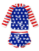 Girls American flag printed rash guard swimsuit set with long sleeves and matching shorts, patriotic kids swimwear for holidays.