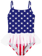 Girls American flag one piece tutu swimsuit with mesh skirt, adjustable straps and patriotic print design for summer swimming.