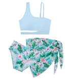 Girls Aqua Palm three piece swimsuit with tropical leaf print design and lightweight matching skirt.