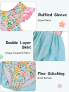 Close up details of girls ballet dress featuring flutter ruffle sleeves, double layer chiffon skirt and soft stretch fabric.