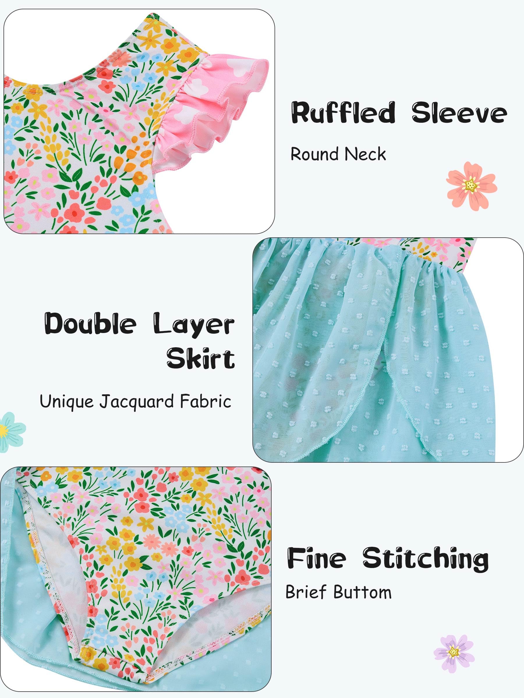 Close up details of girls ballet dress featuring flutter ruffle sleeves, double layer chiffon skirt and soft stretch fabric.