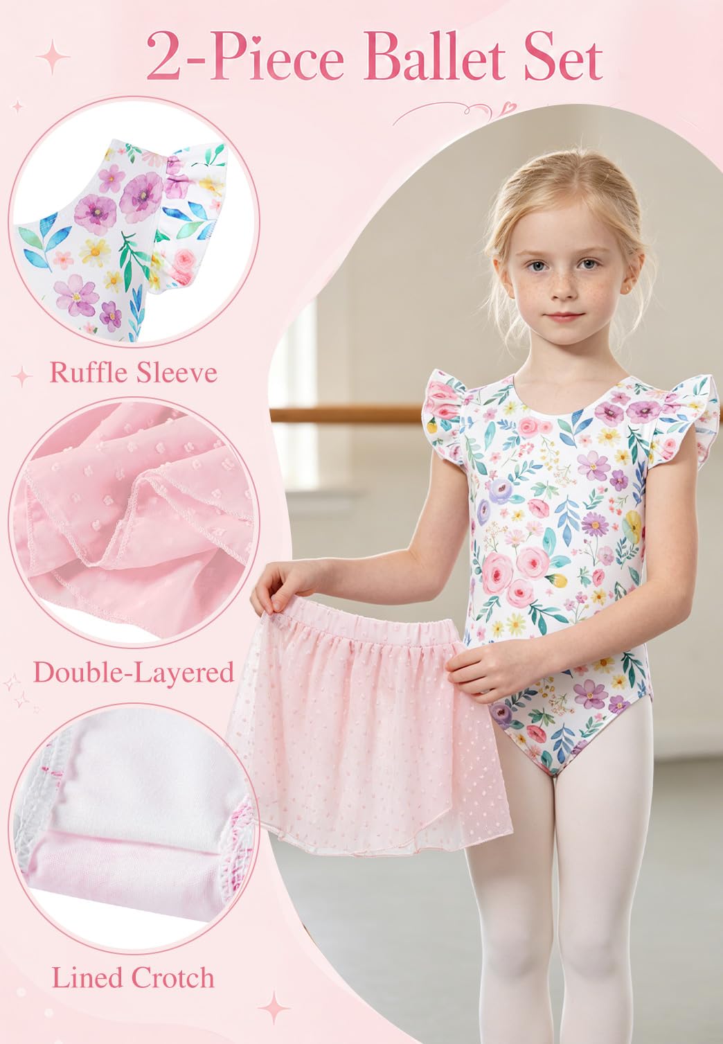 Close up details of girls ballet leotard dress showing ruffle sleeves, skirt layers and soft stretch fabric design.