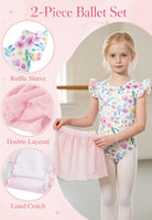Close up details of girls ballet leotard dress showing ruffle sleeves, skirt layers and soft stretch fabric design.