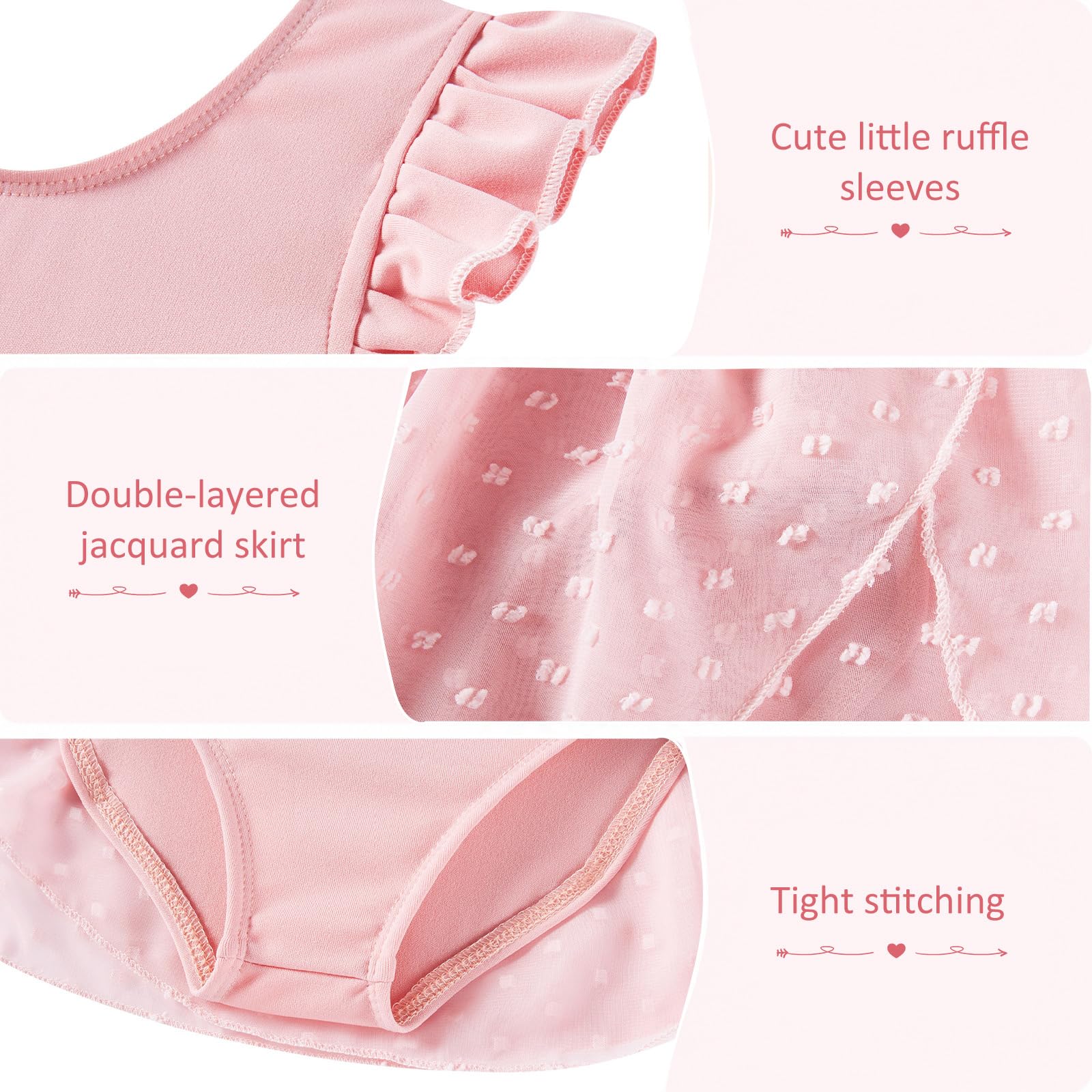 Close up details of girls ballet leotard dress showing ruffle sleeves, jacquard hem texture and layered skirt design.