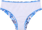 Girls bikini bottom detail showing the light lining, blue floral trim and comfortable elastic swimwear construction.