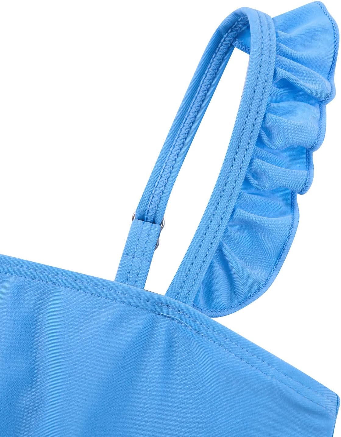 Close-up of girls blue bikini top showing the ruffled shoulder strap, smooth stretch fabric and clean seam construction.