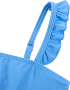 Close-up of girls blue bikini top showing the ruffled shoulder strap, smooth stretch fabric and clean seam construction.