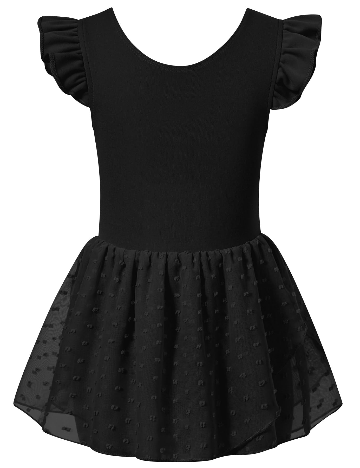 Girls black ballet leotard dress with classic dance silhouette, comfortable outfit for ballet, gymnastics and performances.