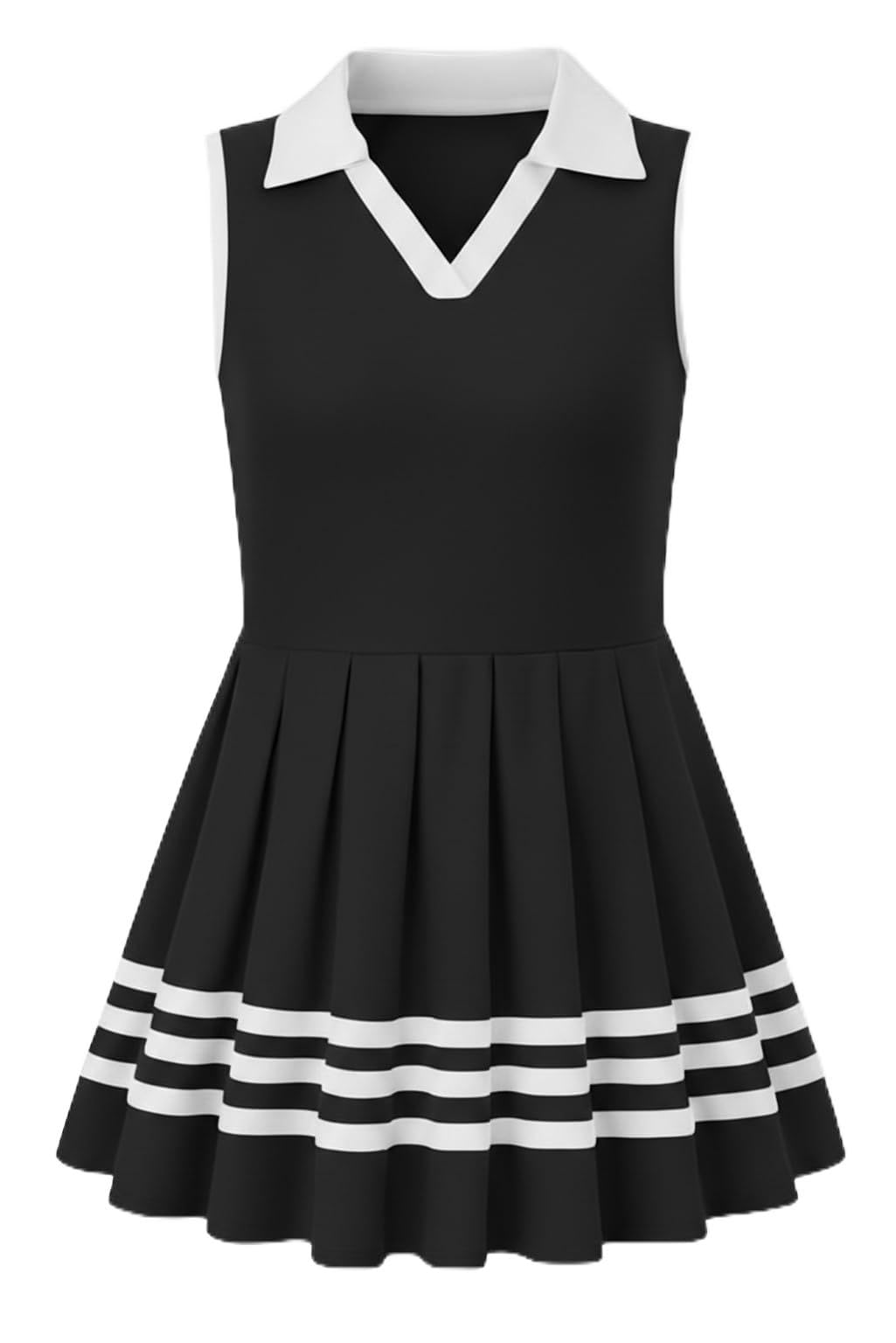 Girls black color block polo dress with classic collar and A-line shape, versatile outfit for school and special occasions.