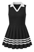 Girls black color block polo dress with classic collar and A-line shape, versatile outfit for school and special occasions.