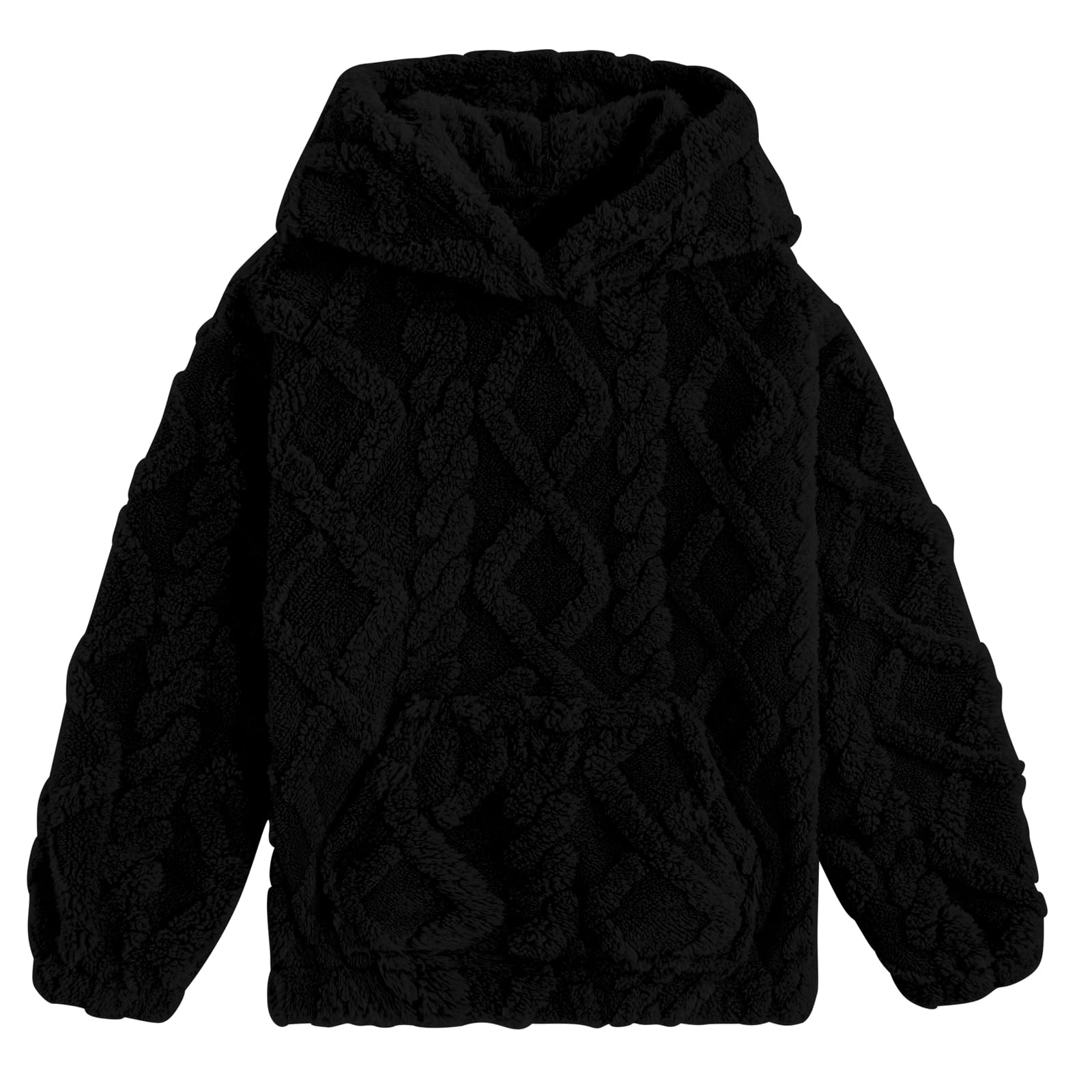 Girls black coral fleece hoodie with soft warm fabric, hooded design and kangaroo pocket for everyday winter layering.