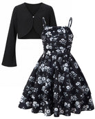 Girls Black Floral dress and cardigan featuring an elegant floral print.
