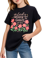 Girls black floral graphic short sleeve T shirt with flower print design, soft casual top for everyday outfits.