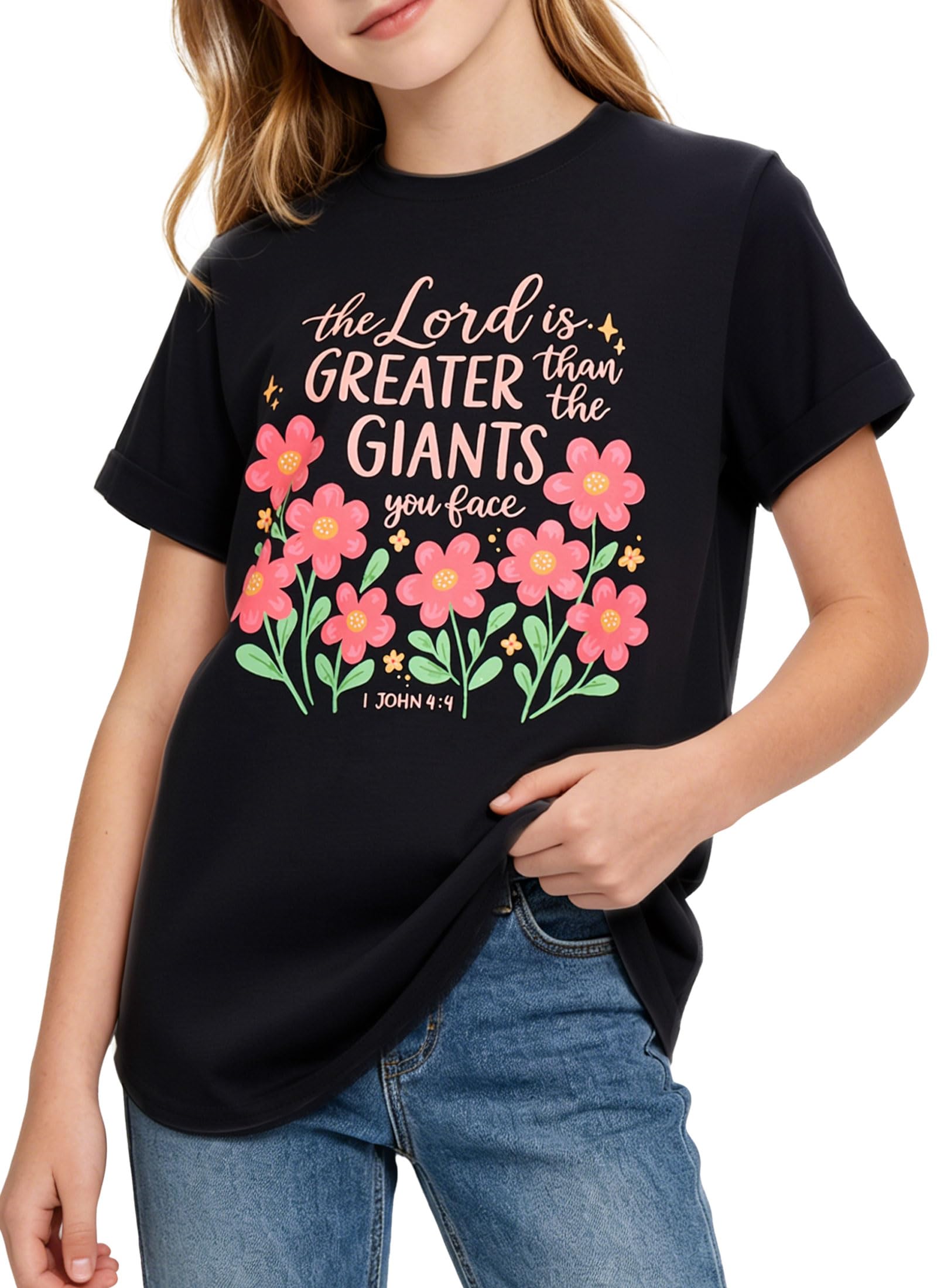 Girls black floral graphic short sleeve T shirt with flower print design, soft casual top for everyday outfits.