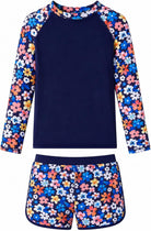 Girls black floral long sleeve rash guard swimsuit set with matching swim bottoms, removable chest pads and stretch fabric for swimming and beach activities.