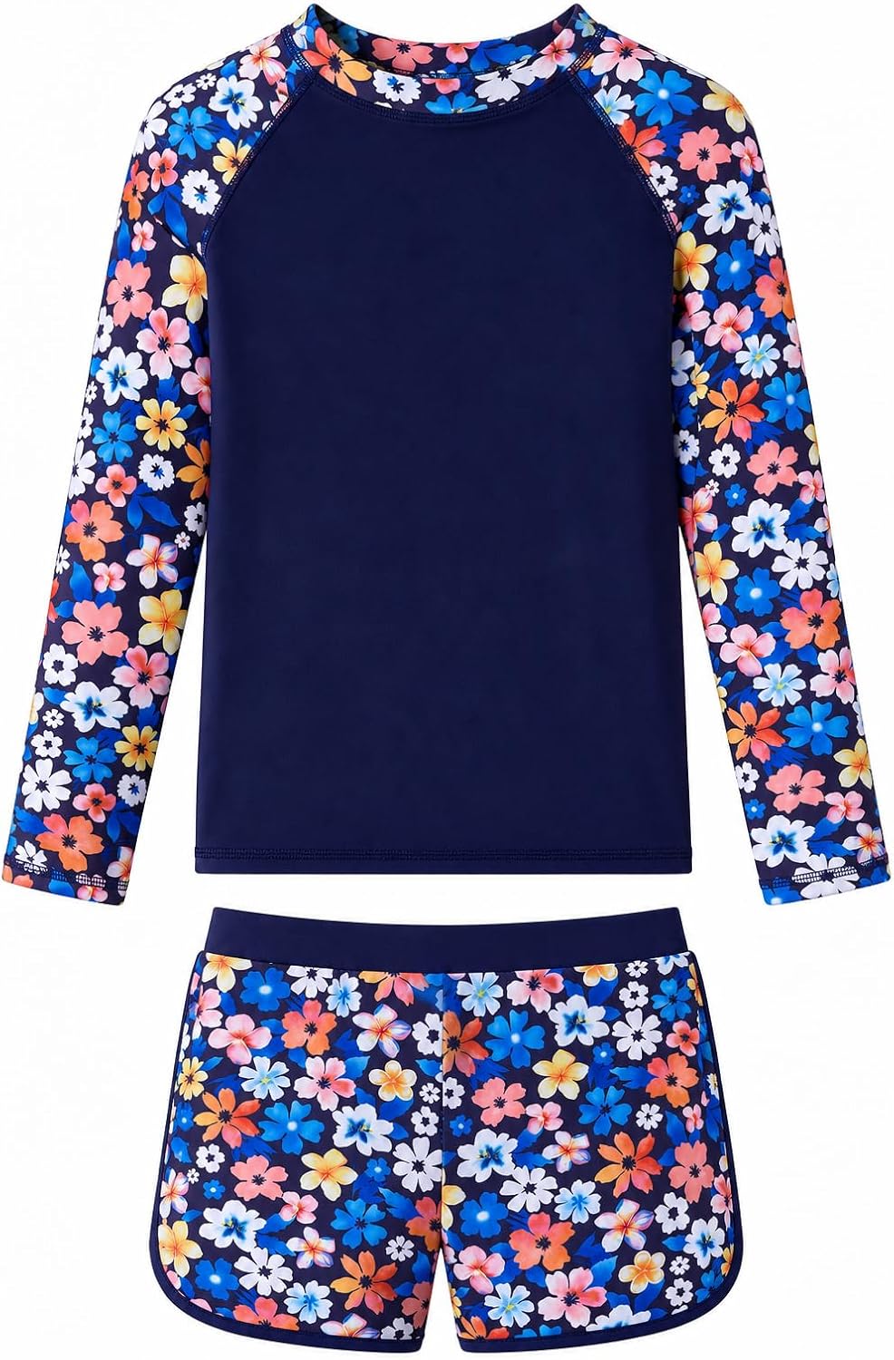 Girls black floral long sleeve rash guard swimsuit set with matching swim bottoms, removable chest pads and stretch fabric for swimming and beach activities.