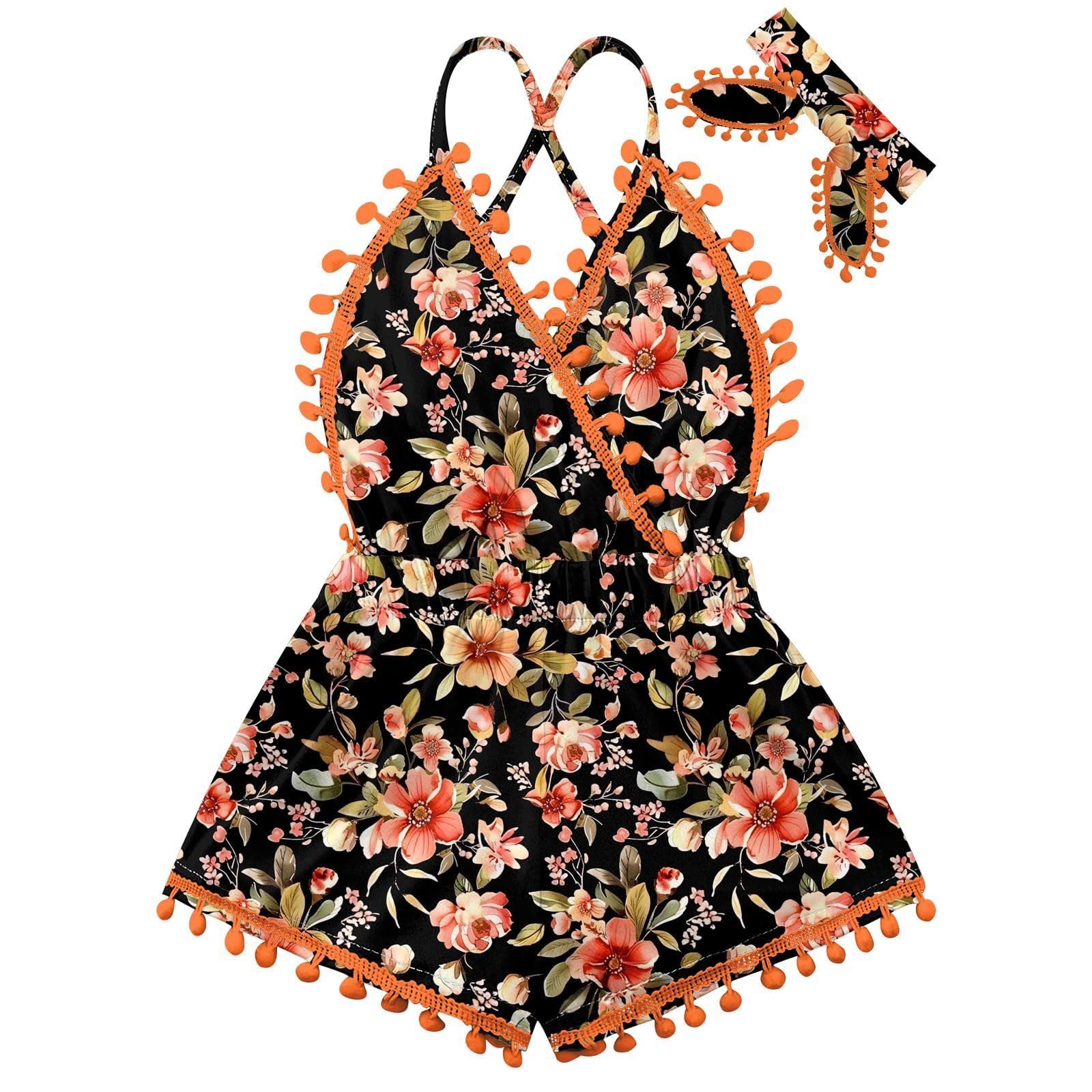 Girls black floral romper dress with adjustable straps and matching headband, stylish summer clothing for toddlers.