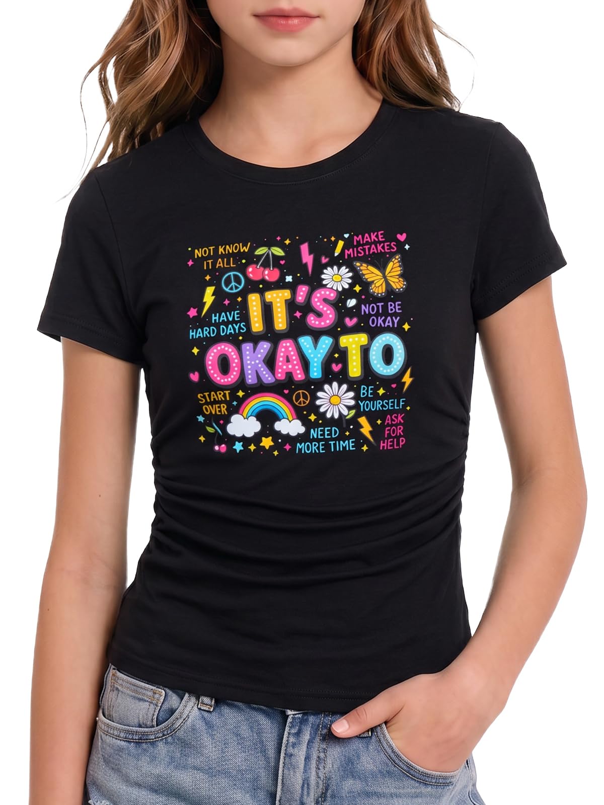 Girls black graphic ruched side T shirt with colorful inspirational print, short sleeves and flattering fit for casual everyday wear.