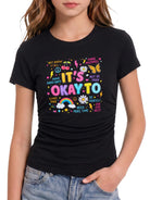 Girls black graphic ruched side T shirt with colorful inspirational print, short sleeves and flattering fit for casual everyday wear.