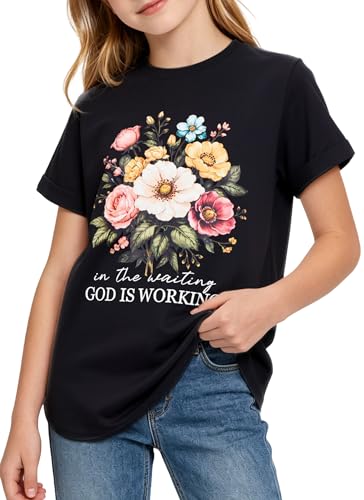 Girls black graphic short sleeve T shirt with colorful print design, casual crew neck top for everyday wear.